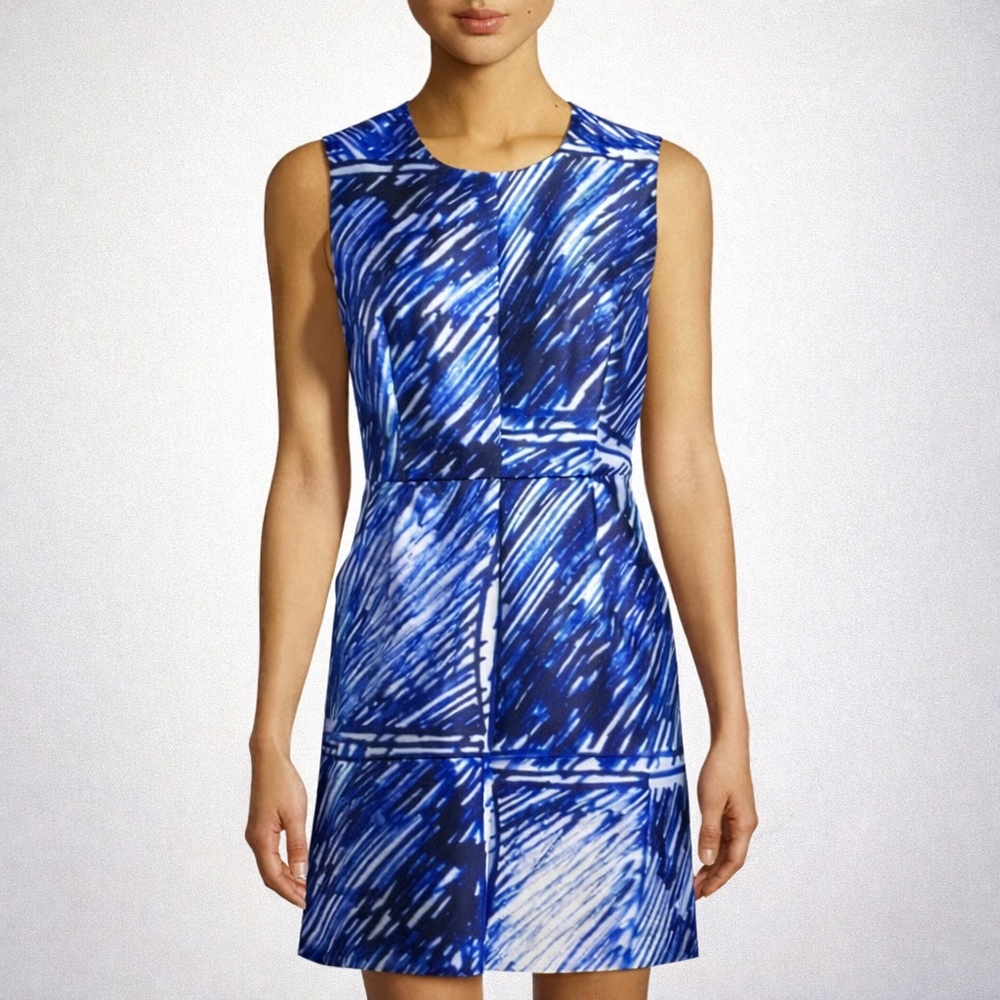 MILLY Blue Scribble Satin Shift Dress Mini Work US 8 NWT